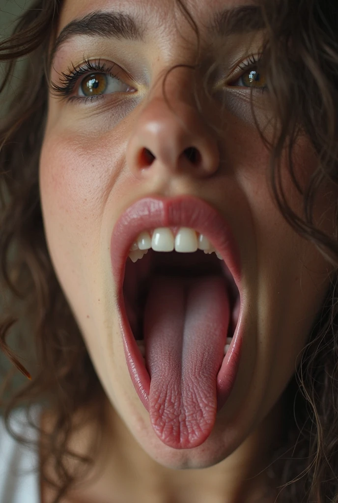 1 girl、pieces fly、、Award-winning photo、very detailed、eye、nose、focus on the mouth、close up focus on face))、Woman with open mouth and closed eyes、35 years old、black hair、Wrinkles:1.1、symmetrical face、Realistic nose hole、from belowのアングル、Elongated C-shaped nose hole NSFW、sweaty skin、Lighting that emphasizes the skin that shines with sweat、((Sharp nose))Skin shiny with sweat、shiny skin、sweaty hair、Upper eye、(wrinkles between eyebrows))(cum on tongue)Lighting that does not cast shadows on your face、from below、(female police officer、uniform、Inside the police station)long tongue、drooling.((drool dripping from the tongue、saliva drips from the tongue))、(((drool foam on the tongue、)))(((Foamy saliva collects at the bottom.)))Large double eyelids, white cum in mouth, cum dripping from tongue, on tongue