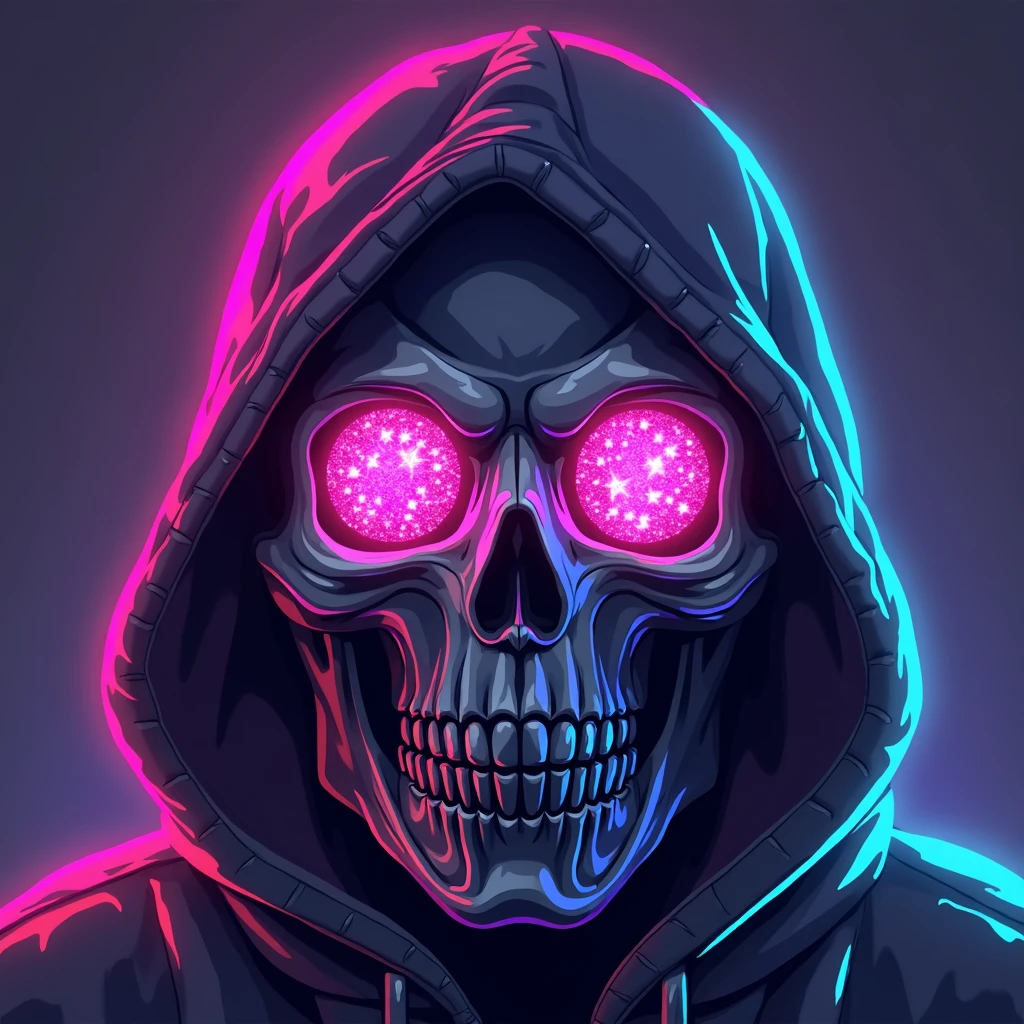Neon noir skull head, hip-hop style, t-shirt design, flat colors, vector art, ((black background)) . Cyberpunk, dark, rainy streets, neon signs, high contrast, low light, vibrant, highly detailed