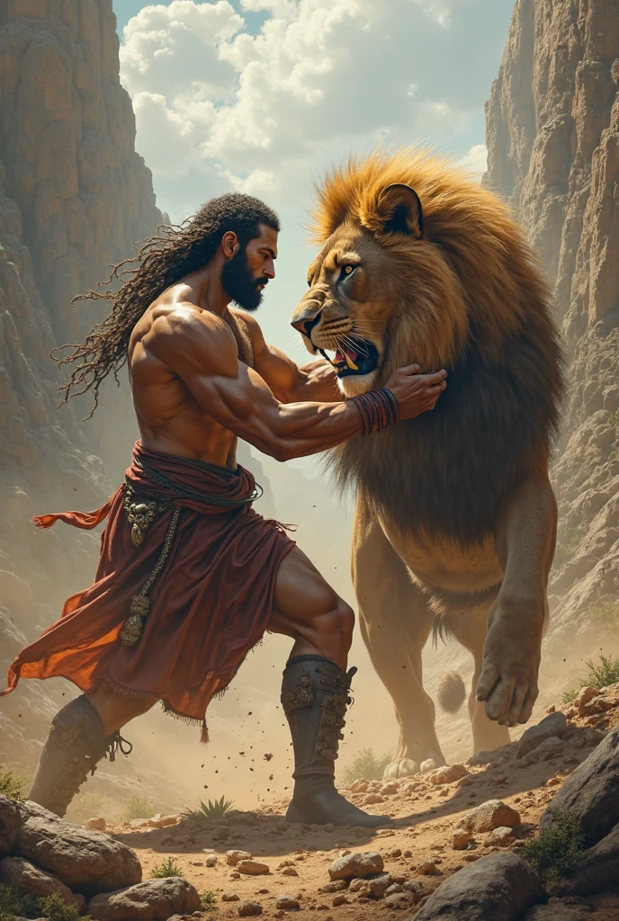 Create a realistic depiction of Samson from the Bible, with a focus on accurate skin texture and detail. Samson is in the midst of a fierce battle with a lion. His muscular physique should be prominent, showing the intensity of the fight. The lion should appear powerful and aggressive, with detailed fur and expression. The scene should convey a dramatic struggle, with emphasis on the raw physicality and dynamic motion of the combat.

