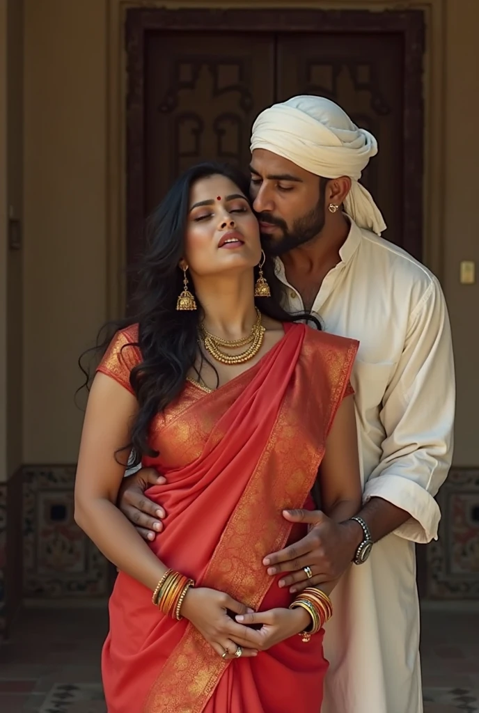 ((Photorealistic)) ((masterpiece)) A indian hindu woman wearing saree, off-shoulder (open mouth, closed eyes while face facing upwards) stand behind a table, leaning forward, behind her a Muslim man wearing skullcap, hugging her tightly ((big breast:1.2)) ((show cleavage)) ((huge breast:1.2))