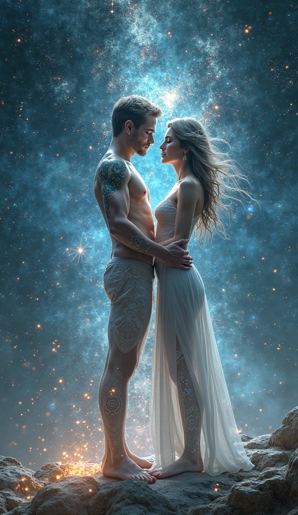 Create an image of an Aquarius and Gemini man in intimacy in fantasy