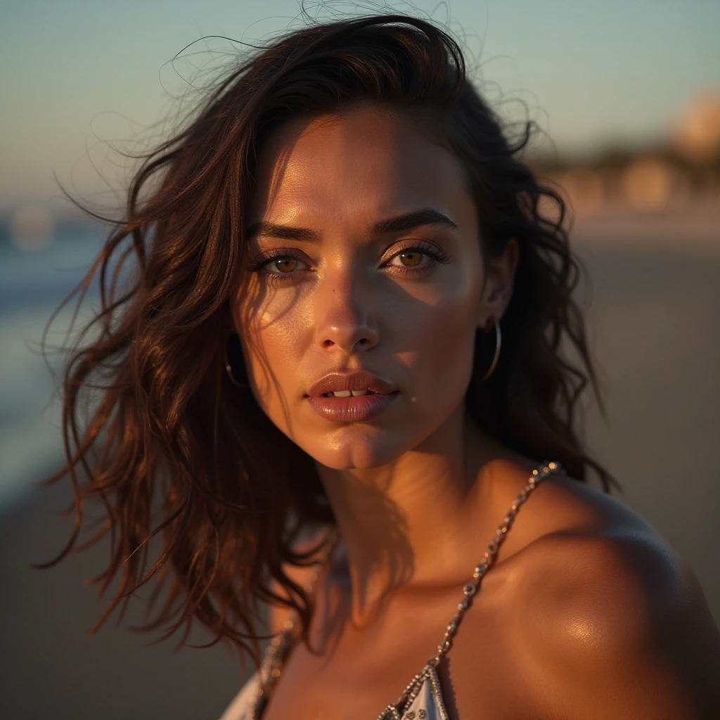  high quality   shot of a extremely hot woman, ( GalGadot, photorealistic ) wearing a color sexualized bikini, ( extremely tan skin tone:1.4, curly brown hair :1.5 ) , famous  bikini model , celebrity  photograph, extremely long  hair ,  , fit muscular figure ,rainy, wet, shiny sweaty skin,  expression , on beach, wet hair, dark atmosphere,  lighting  , celebrity, female,  woman, hollywood actress,  angle  , fleshy muscular woman  , ( perfect body parts, perfect , ultra detailed face , depth of field, insanely detailed skin texture, hyper detailed features )