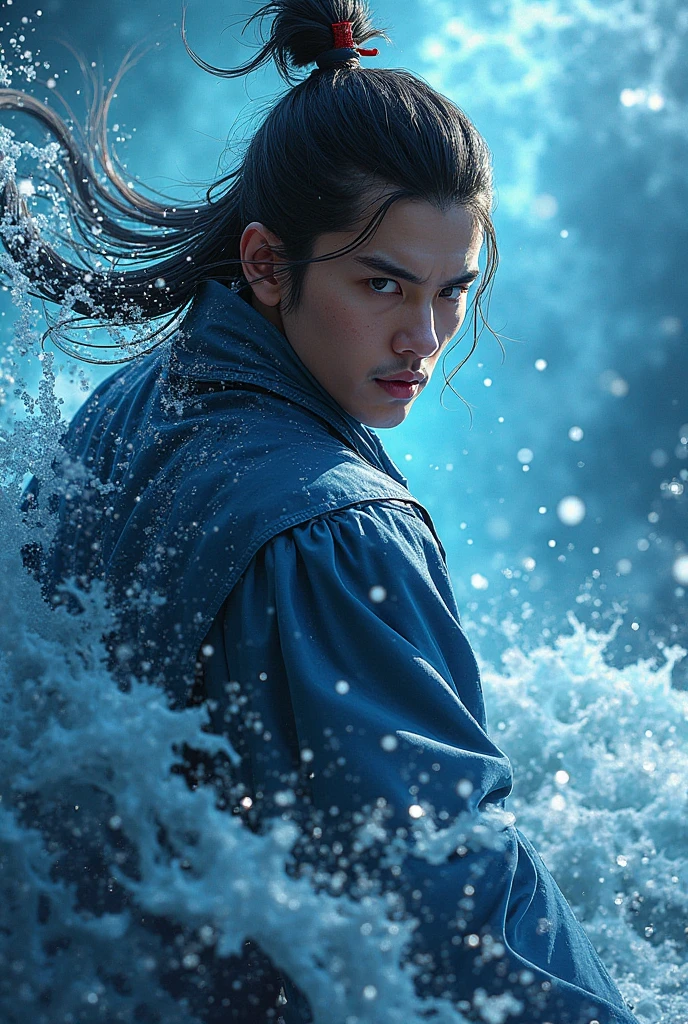 Best quality, masterpiece, super high resolution, hanfu, jade water book, black hair, water, waves, crashing waves, spells, fa gong, (absurd, high resolution, super detailed), Asian, 1 male, eighteen-year-old boy, handsome, tall muscular man, broad shoulders, very short hair, bottom cut, dark brown eyes, fine eyes and detailed face, extremely detailed CG Unity 8k wallpaper, intricate details, (Style Swirl Magic: 0.7), Looking at the Audience, Solo, (Full Body: 0.6), Detailed Background, Detailed Face, (European Medieval Fantasy Theme: 1.1), Hair Fluttering in the Wind, Martial Artist, Dynamic Pose, Fighting Stance, Clenched Fists, Fingerless Gauntlet, Wristband, Dragon-themed Costume, Monk Robe, , Rotating Floating Particles, Dynamic Composition, Upper Body Naked, Big Muscles, White Rubber Pants, ((((crotch bulge))))