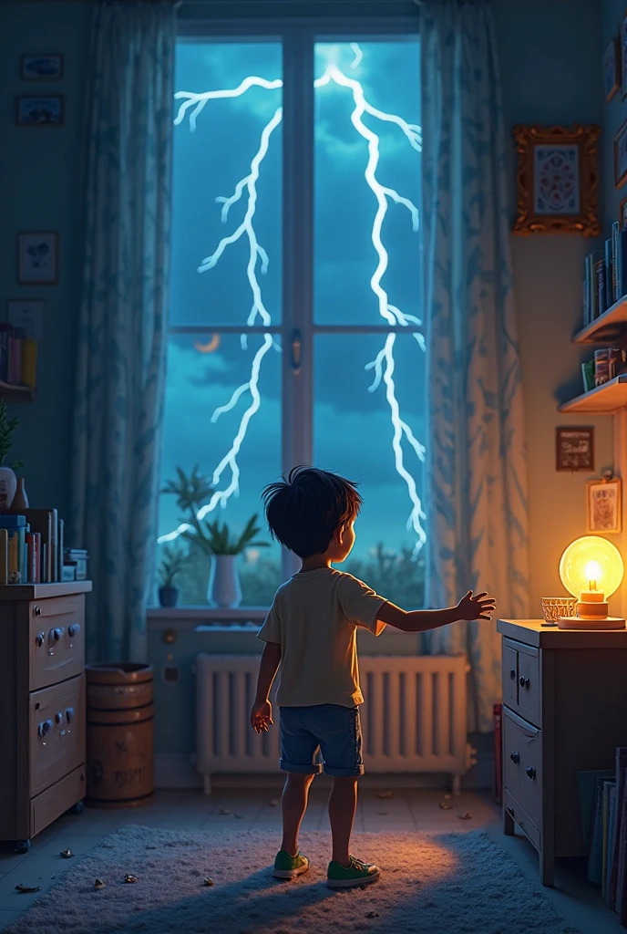 A child gazes through the window in awe at a fierce thunderstorm, accompanied by the rumbling of thunder and the dazzling flashes of lightning.
