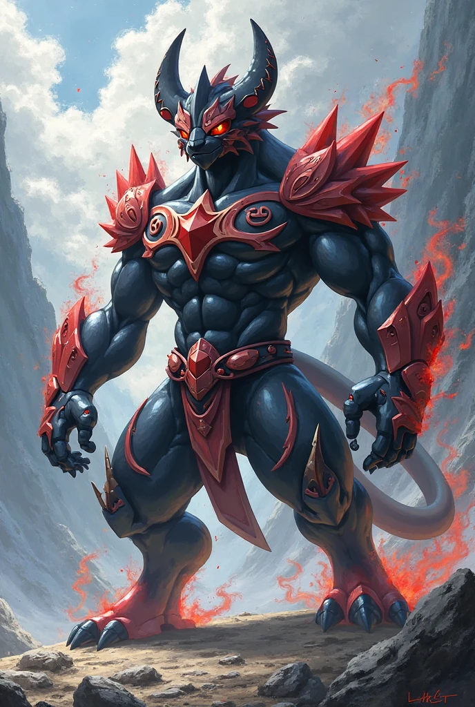 (12k, best quality, unreal engine 5, masterpiece), A portrait of muscular eredar, demon, aesthetic proportions, looks like infernal bodybuilder, (((runic obsidian loincloth))), big hooves, curved horns, red skin, red body, long black hairs, evil but yet attractive face, green eyes, trending on artstation, posted on e621, dominant posture