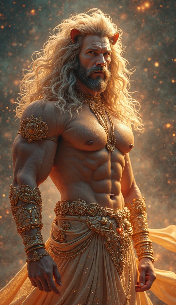 muscular man wearing beautiful golden amulet with chains, man with golden hoopoe wearing micro thong with bulge, futa contour, details in the bulge, manly man, handsome man floating with golden particles, all made of gold with emerald faceted in the middle