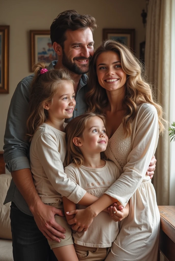  blonde child 8 year  blue eyes hugging her father medium brown hair and brown eyes and her mother blonde green eyes long hair in london home 8k ultra realistic photorealistic 