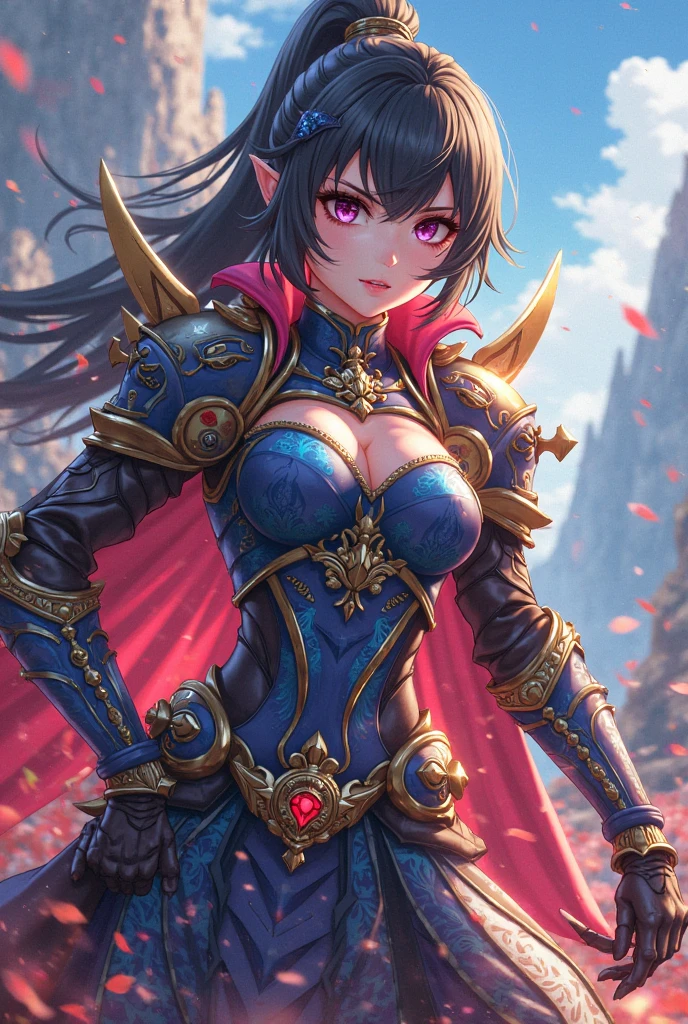 best quality, (masterpiece:1.2), illustration, absurdres, bright colors, vivid colors,
(1girl), (solo), (beautiful detailed girl),
<lora:WangYiDW8-09:0.9>, Wang Yi, black hair, grey eyes, earring,
blue collar, armor, cleavage, cleavage cutout, shoulder armor, leg armor, gauntlets, boots, blue pantyhose, covered navel,
distant mountains, chinese architecture, feudal china, chinese fort, trees, sky, clouds,
(upper body, portrait),,
fighting stance,