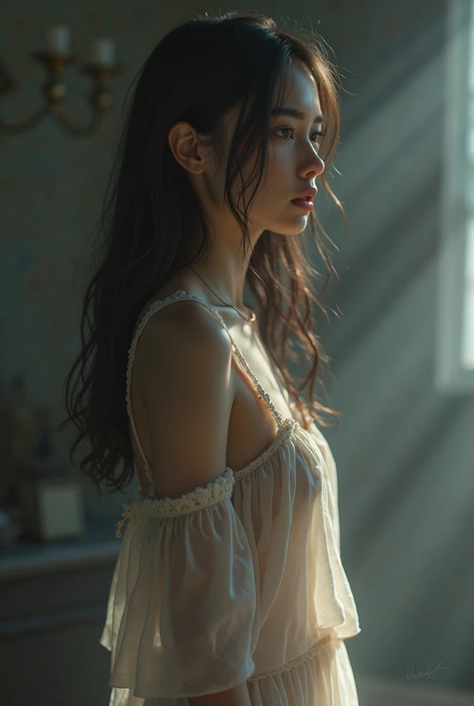 (Highest quality:1.4),(masterpiece:1.4),(Realistic:1.4),(Realistic:1.2),(超High resolution, RAW Photos:1.4),(High resolution, Very detailed:1.2),(8k:1.2),photograph,(Shot from behind:1.3)、Korean women、brown hair photos,One Woman,alone,(In underwear),Very large breasts,((Thigh to head shot:1.3))、(((topless、You can see her large breasts from the side.)))、((Smile))、((Very large breasts:1.4))、Realistic skin textures、Slightly freckled、Slender figure、Realistic skin textures、((background,Concrete wall:1.3)),(topless,The breast is visible from the side:1.6),(Long lace slip,White)、3 woman、The angle at which the nipple is not visible、((Updo long hairstyle))、((White,Long lace slip:1.4))、Correct toes、Detailed facial features、Long slip covers the buttocks and soles of the feet、Long slip covers your butt、