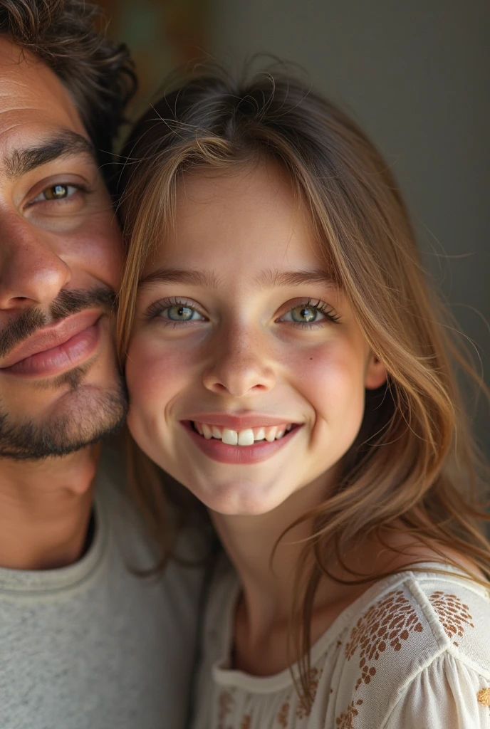 Father and daughter photos, the blue eyed man father, stark, white with black hair and stubble, dressed in a white dress shirt and with his 19-year-old daughter, blue eyed blonde on her back.