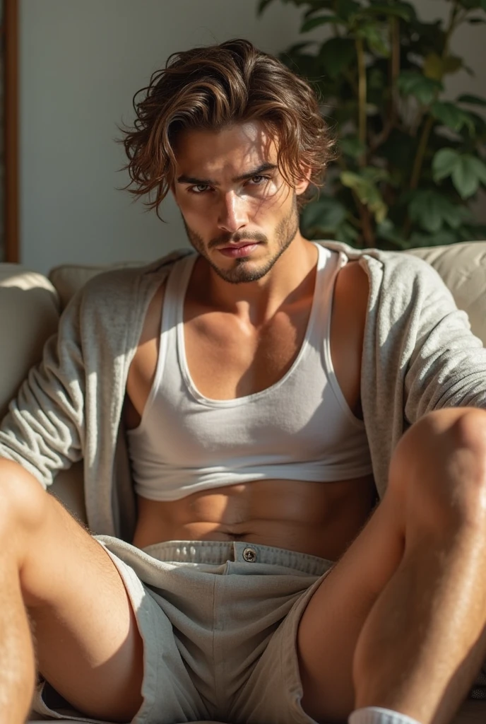 A handsome 30-year-old man with curly hair and brown eyes, he is shirtless and wearing jeans with the zipper open, he is sitting in a comfortable armchair, in the pose of a conceptual model, in the background a room well lit with sunlight. day