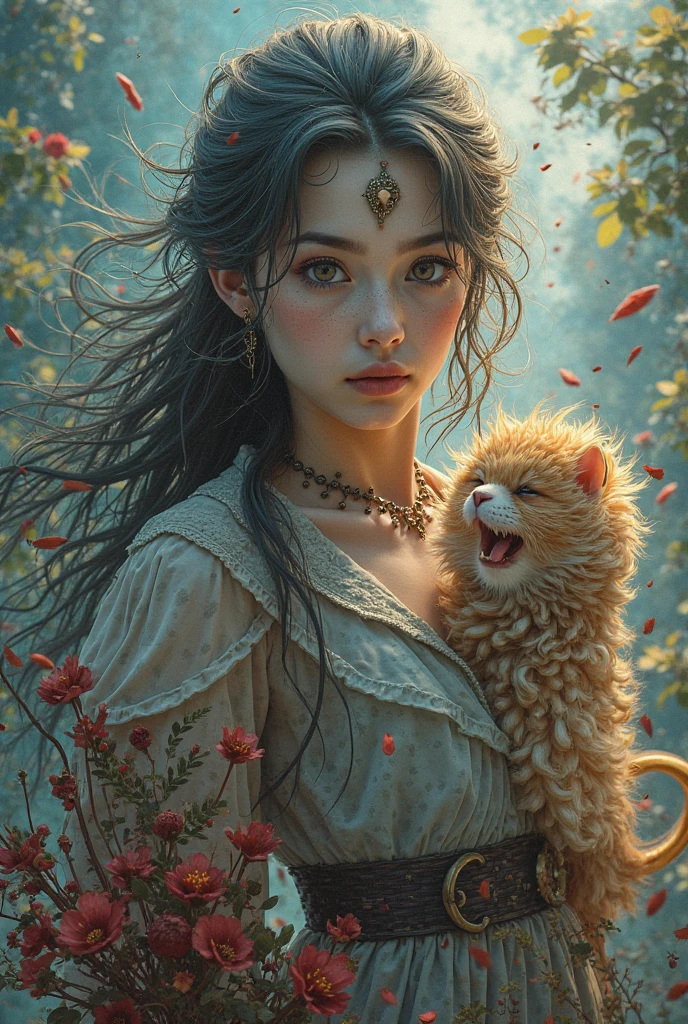 Big red fluffy cat cuddles woman with long red stripes, perfect anatomy, perfect eyes, perfect face, high detail, high definition drawing, high resolution, HD, 16k, well-drawn, fine detail, sunlight, beautiful landscape, fantasy landscape, matte painting, complex details, high detail, high fidelity, ray traced reflections, intricate complexity, photorealistic, Makoto Shinkai Peter Kemp Mucha print, soft natural volume cinematic flawless light, light shadow, cinematic wallpaper, super detailing, photorealism