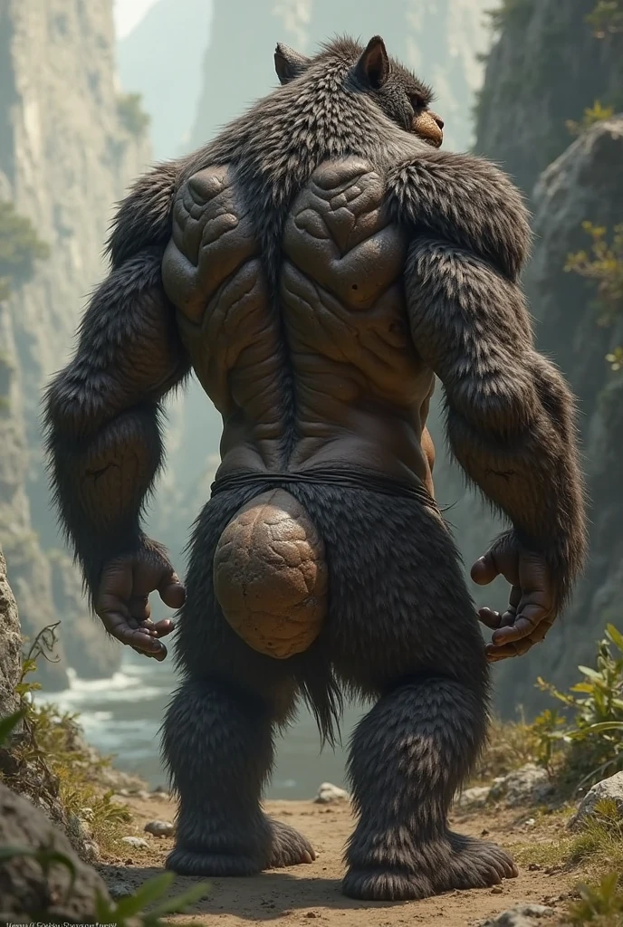 Image of a giant man, fat and hairy with one leg raised and about to step on a scared little adult man