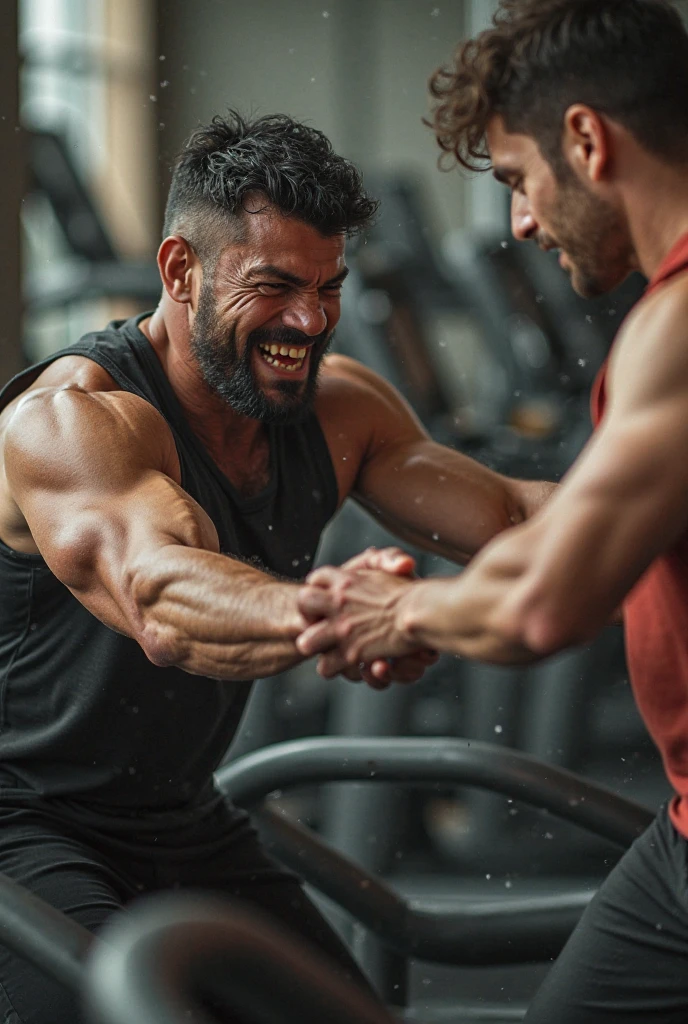 Create 3 happy men doing bench press in a gym