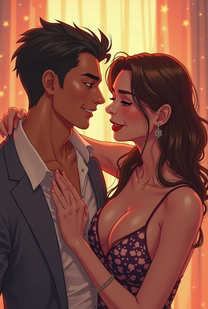 Hdr, masterpiece,4K, ray tracing, best quality, 1boy, 1girl, steven quartz universe, connie maheswaran, face to face,enamored couple, passionate sensuality, nightclub background, erotic dancing, couple focused, couple dancing together, highly-detailed animation, beautiful aesthetic, detailed smooth textures, motion lines, incredible absurdres, sharp gradients, deep highlights, unreal engine, incredibly detailed, dynamic lighting, carnality,
dynamic perspective, dynamism, brilliant shading, sensual shadowing, sensuous atmosphere, intricate fabric details, amazing skin, perfect hands, perfect, perfect eyes, steven quartz universe, age 23, fat man, handsome, wavy black hair, strongman waist, deep brown eyes, round face, urban masculine rave outfit, connie maheswaran, age 22, salacious rave girl, blue fire decal urban rave minidress, perfect square physique, beautiful detailed black eyes, flowing, shining, wavy black hair, toned, wide hips, firm chest, hypnotic hips, salaciously smiling, looking over shoulder