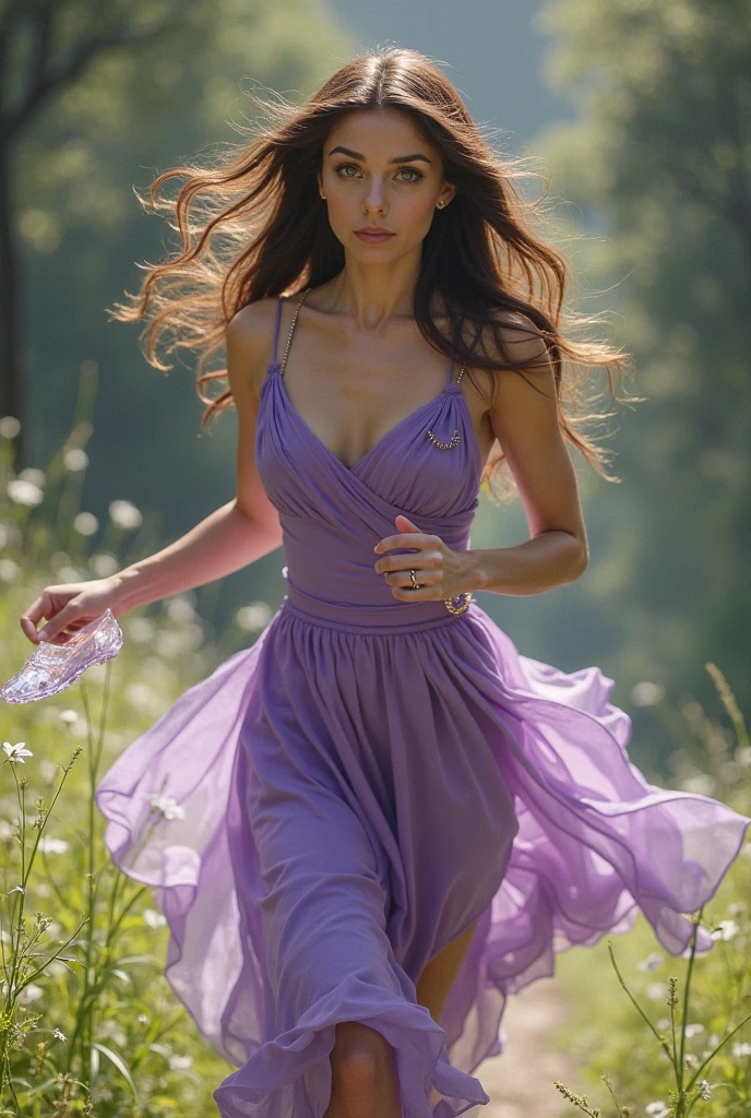 A person in a purple dress with long sleeves and black tights, wearing tractor Mary Jane shoes.