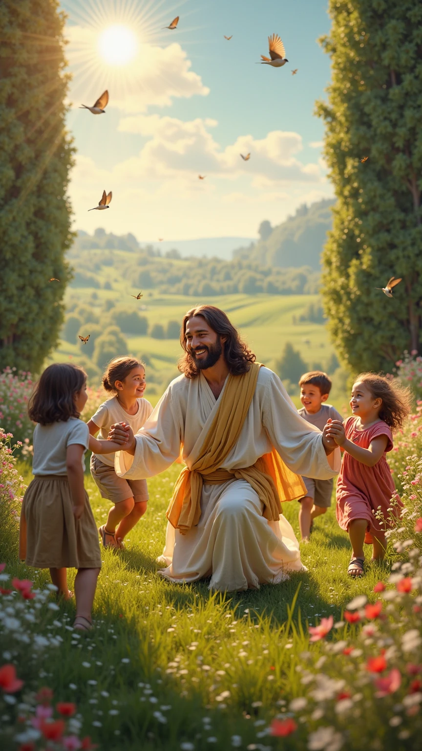 Jesus with children in the park talking animatedly