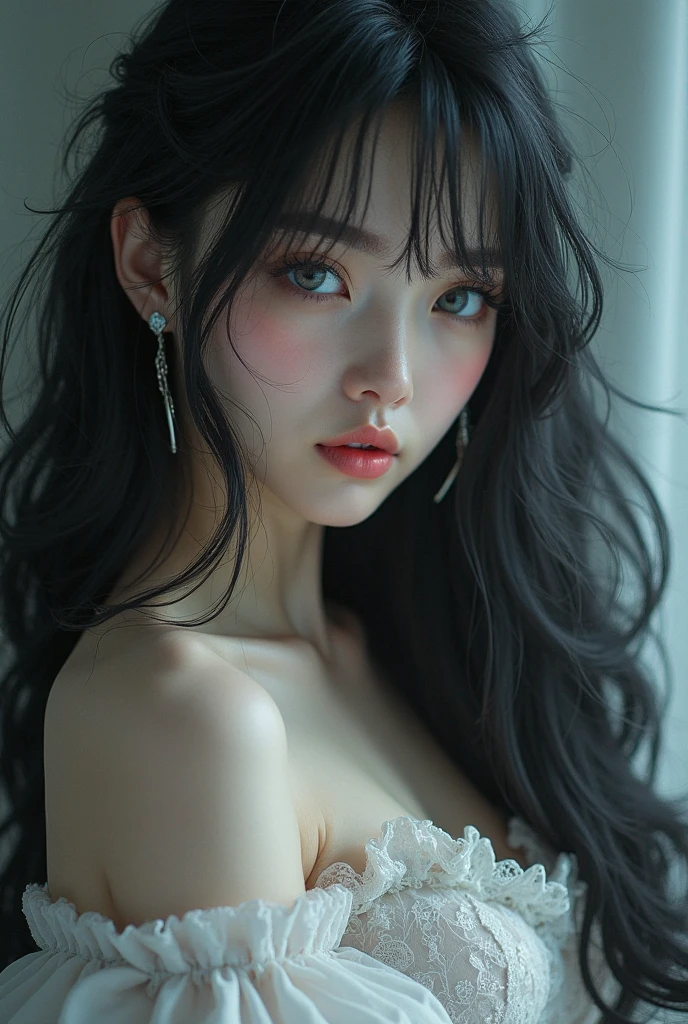 (8 K, RAW photo, Best quality, masterpiece:1.2),(realistic, photo-realistic:1.4), ultra detailed, extremely detailed cg 8 K wallpaper,(CrystalsSkin texture:1.2), (Incredibly soft and beautiful),
1 girl,One,black hair, long hair, Blue eyes, closed mouth, hair ornament, bare shoulders, cut off sleeves, breast, White dress,leaning forward,