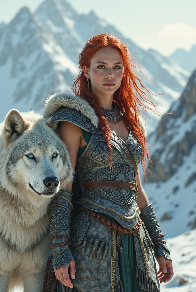 A fierce red-haired warrior woman, Red Sonja, fighting a massive 1giant wolf in a snowy landscape, blood stains on the pristine white snow, (best quality,4k,8k,highres,masterpiece:1.2),ultra-detailed,(realistic,photorealistic,photo-realistic:1.37),HDR,UHD,studio lighting,ultra-fine painting,sharp focus,physically-based rendering,extreme detail description,professional,vivid colors,bokeh,portraits,concept art,dramatic lighting,cold tones,snow,icy,winter