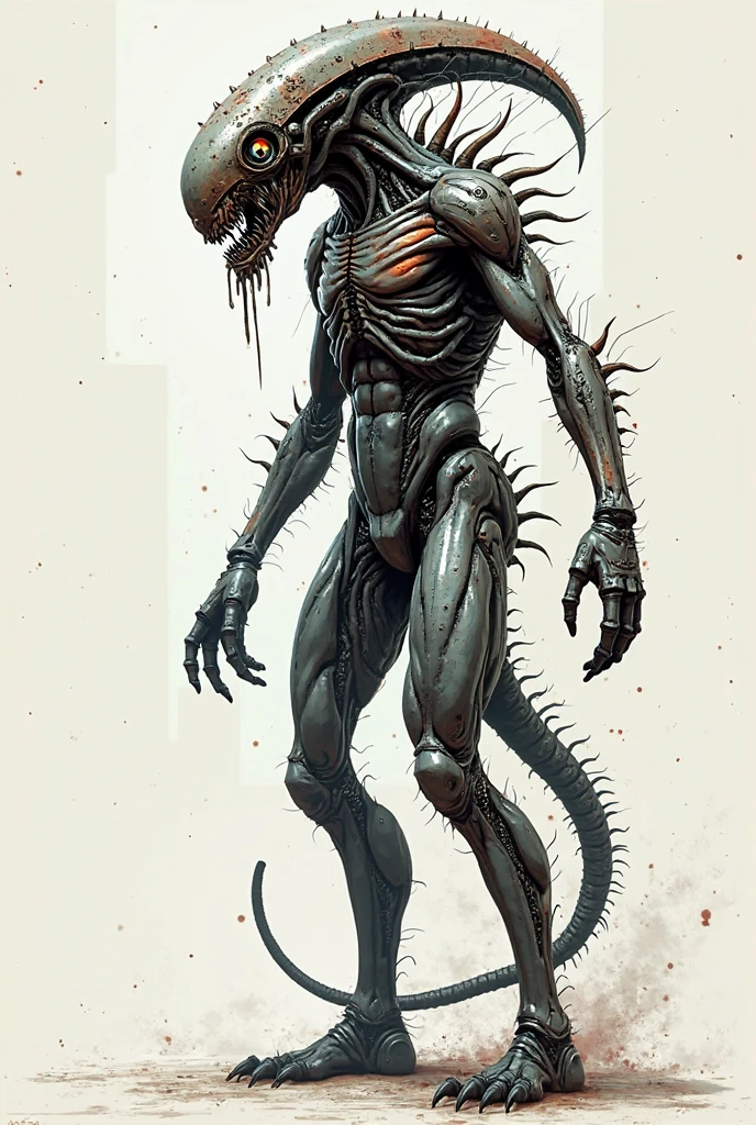 ((best quality)), ((masterpiece)), (detailed), an alien creature, humanoid, gigeresque, pale, milk-white skin, translucent skin, smooth skin texture like a dolphin, no hair, round head, (bulbous head), (xenomorph head), (atrophied eye sockets), (smooth face), (bright prominent gums), (a long tongue, like an elephant trunk, coming out of the mouth with a squid-like beak at the tip), (protrusions along a skeletal ridged back), (breathing holes on the chest), a tail that splits into three tentacles, long skinny arms that it walks on, where the legs would be is another set of arms that are used for grabbing, H R Giger, Clive Barker's The Thing, xenomorph, predator, Engineer, sci fi horror, cosmic horror