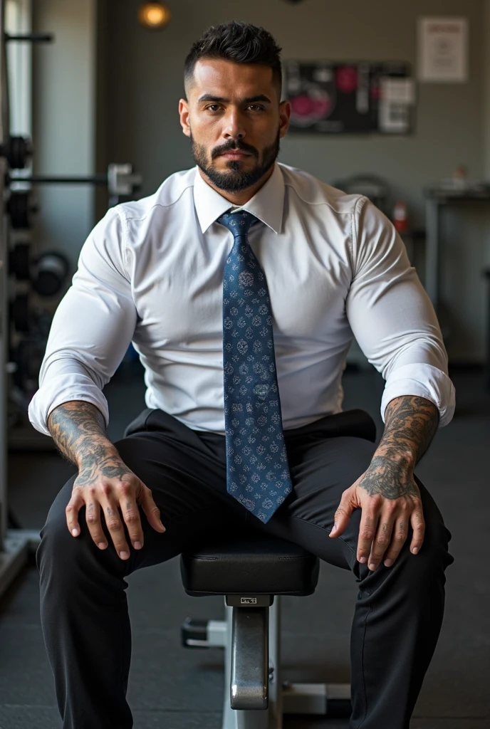 1boy, Mexican, solo,  hair,34 yrs old, fitness trainer, male focus,  , pectorals, bara, muscular, mature male, muscular male, abs, beard, ring , garter and suspenders, short hair, navel, stomach, large pectorals, thick eyebrows,  pectorals, dark-skinned male, , thighs,  under clothes, fancy suit, dark skin, tie, tight shirt, jacket, tight pants, grey business suit, pectoral , cowboy shot, cop agent uniform, feet out of frame, thick thighs, looking at viewer, masterpiece, 4k, high quality, highres, absurdres,