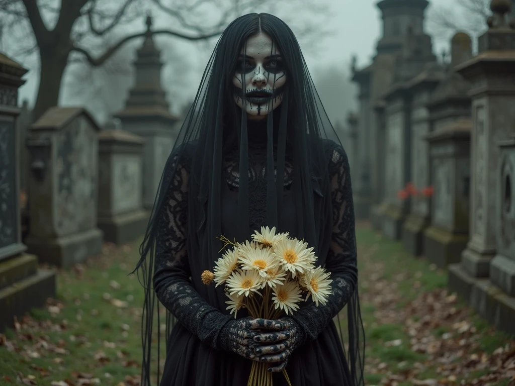 A stunning, high-realistic, full body photograph of a skinny slender scandinavian goth woman goth tatttos, pale skin, goth make-up dramaticly dancing at old graveyard, fog, dark sinister atmospheric. lit by the full moon at night. clothed only in intricately draped, flowing black silk scarves, evoking a sense of elegance and grace. Captured in a monochromatic color palette, the black and white tone amplifies the textures and shadows, adding depth to the fluid, energetic movement of the subject. Soft, diffused lighting accentuates the woman's sinuous curves, as her slender limbs seem to blur in motion, exuding a sense of freedom and melancholy.