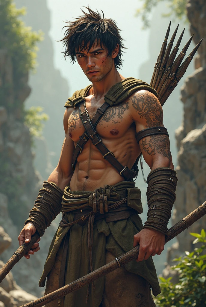 Peter Pan adult, blond, blue-eyed, with very beautiful tattooed muscle