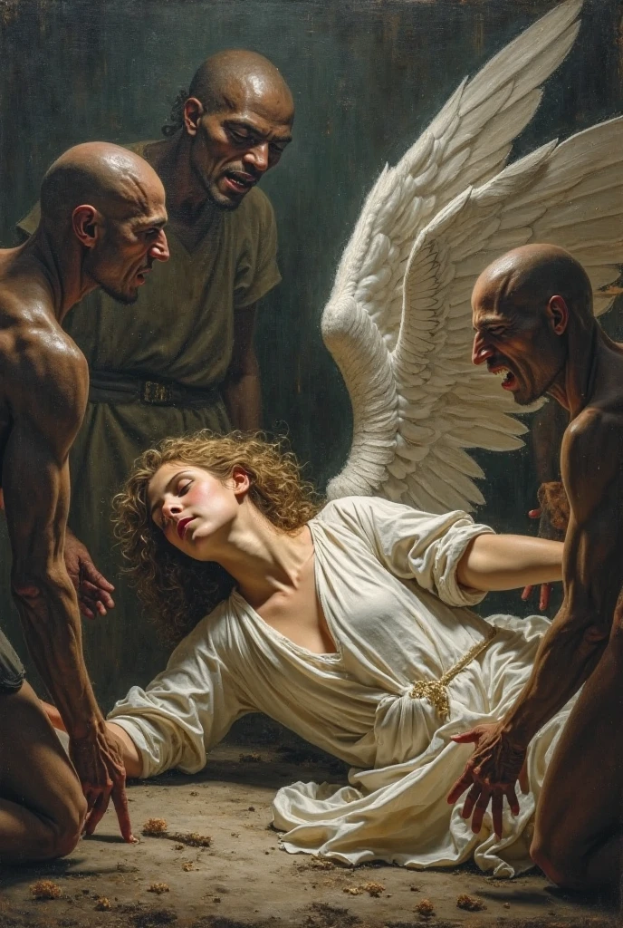 the death of the naked beauty and the angel, Exhibitionism , masterpiece, 16th century painting, baroque style, Renaissance painting, lights and colors in the style of Rembrandt, dark backgrounds, antique painting effect, full details