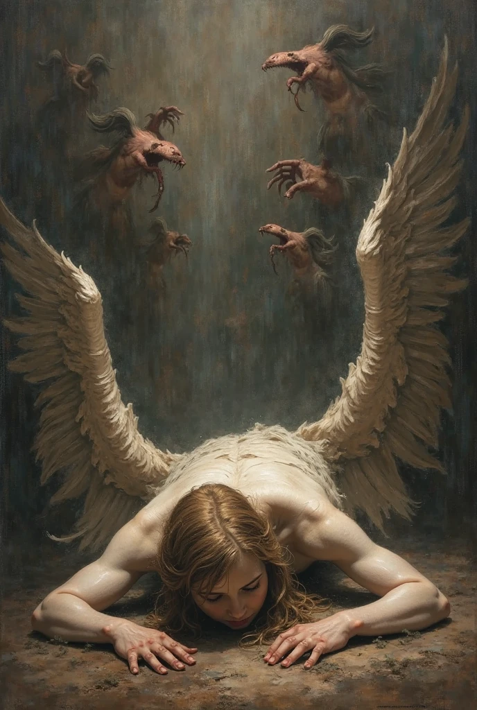 FallenAngel style, a painting of an angel kneeling down next to a fire