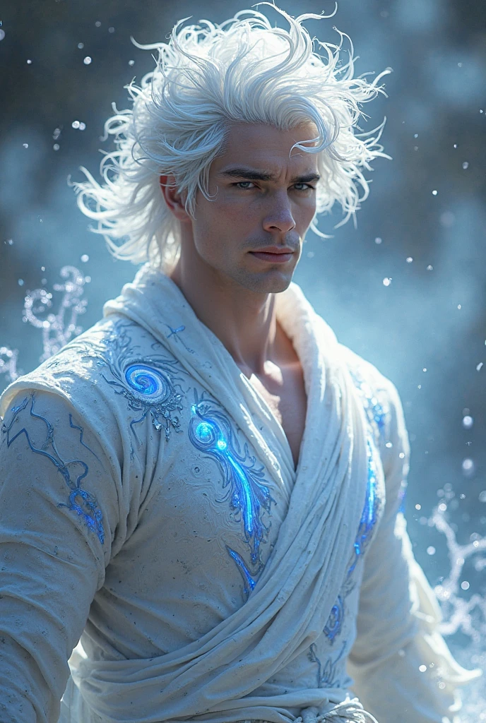 full body photorealistic handsome hunky Fractal white haired Jack Frost, bathing in the waterfall, naked, nude, ripped abs toned body, perfect shaped penis and scrotum.