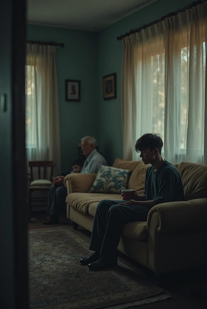 There are two 17-year-olds sitting in the dining room, they are somewhat uncomfortable talking, their hair is gray.