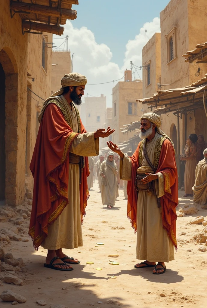 A beggar stands on the streets of Medina with dishes and a blanket. 
A dervish stands in front of him. 
they are talking