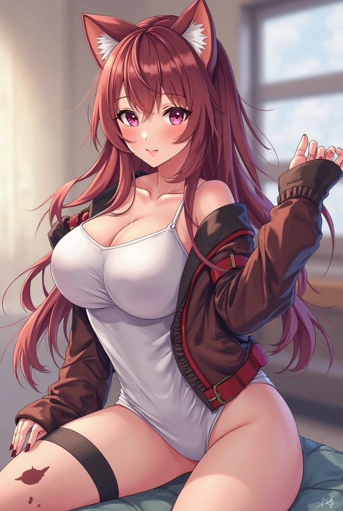 masterpiece, Best quality, IrohaCasual, long hair, Blunt bangs, pink jacket, crop top, Short skirt, bare chest, legs spread, is sitting, You can see the underpants, black panties,