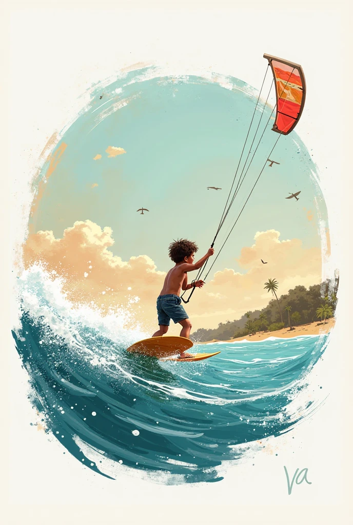 painting of a teenager holding a surfboard on a beach