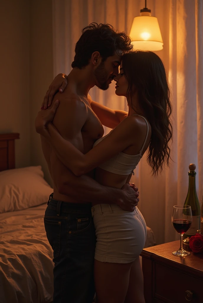 beautiful indian girl, laying on bed in nighty, a man is laying on her without shirt, second man is standing near bed with drinks