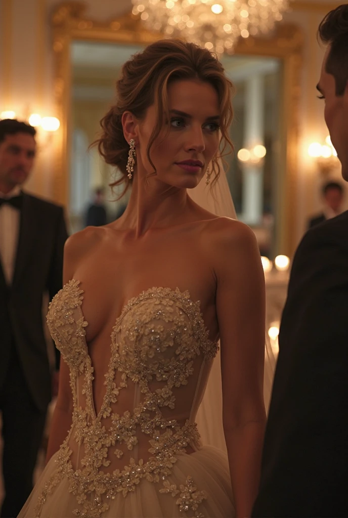 Charisma Carpenter, 2, Elegant wedding dress, Masterpiece, best quality, (highly detailed raw photo:1. 2), 8k arnold, volumetric lighting, volumetric shadows, in a vibrant luxury resort club, crowded club, lots of elegant people dancing, phil haley style, model shoot, midshot, supermodel, model poses, flowing hair, beautiful eyes, High resolution, Masterpiece, Best Quality, (beautiful and detailed eyes), (Beautiful and detailed face), perfect fit body, (Best Quality), (Ultra-detailed), (absurdres), (Extremely Detailed CG Unity 8K Wallpapers).