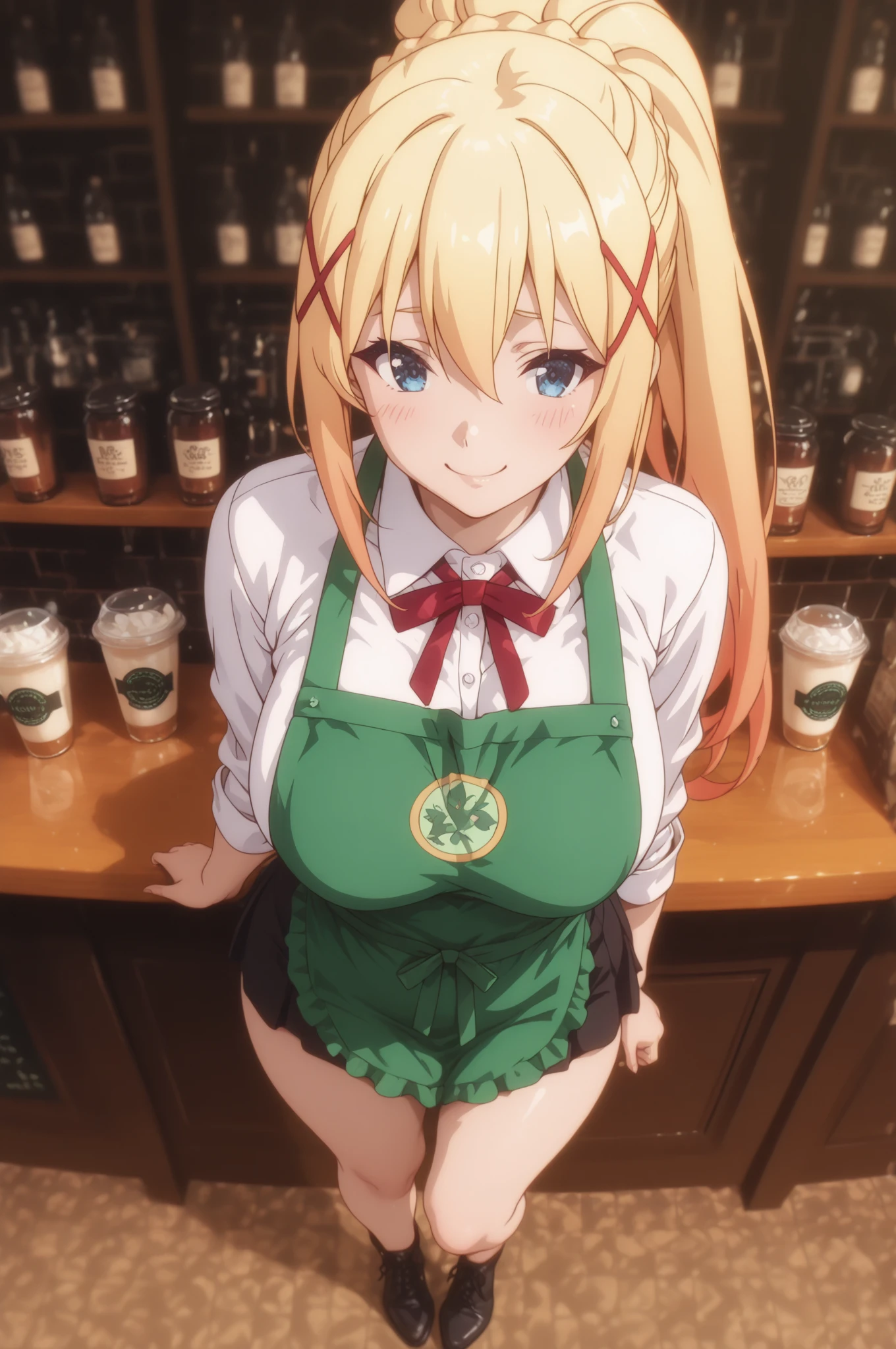score_9, score_8, score_7, source_anime,
<lora:excel-ponyxl-000015:1>
1girl,
excel, cleavage, fingerless gloves, puffy short sleeves, shorts, black leotard, 
solo, happy, cafe