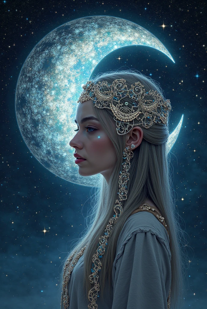 a female character, a mixture of a white witch and cleopatra, mystical and serious, has an exhaling natural beauty, she holds a pipe in her hand, she is looking at the moon and admiring it, in the sky she sees shamanic figures --auto --s2