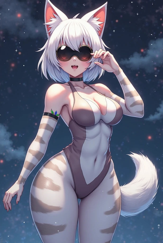 1 person, solo, breasts, looking at viewer, short hair, large breasts, red eyes, navel, animal ears, tail, swimsuit, black swimsuit, white hair, thighs, cat ears, dark brown skin, dark brown skinned woman, cat tail, zoom layer, sexy swimsuit, sensitive swimsuit, obscene swimsuit, obscenely designed swimsuit, sexy swimsuit, risqué swimsuit, erotic swimsuit, exposes navel, very little swimsuit fabric, no underwear except for ultra-thin V front micro plunge, ((only ultra-thin V front micro plunge)), ((only black ultra-thin V front micro plunge))