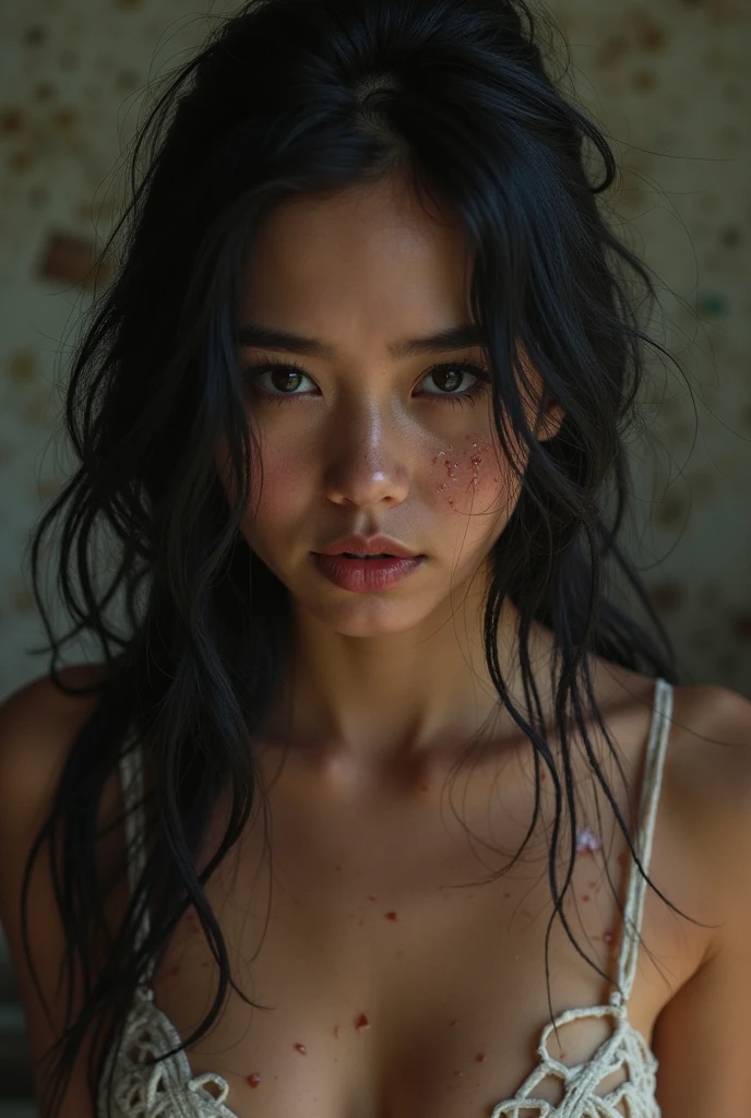30-year-old female　Japanese　young woman, Completely naked、slave、Chained、Extreme、Real Photo、picture、live-action、Deep Valley、Maghreb on Strings, On all fours, Staring straight ahead, With a look of fear, She is being led on a lead by a man who is not seen in the image..there is bleeding、Injured、Shapely bust、Red lips