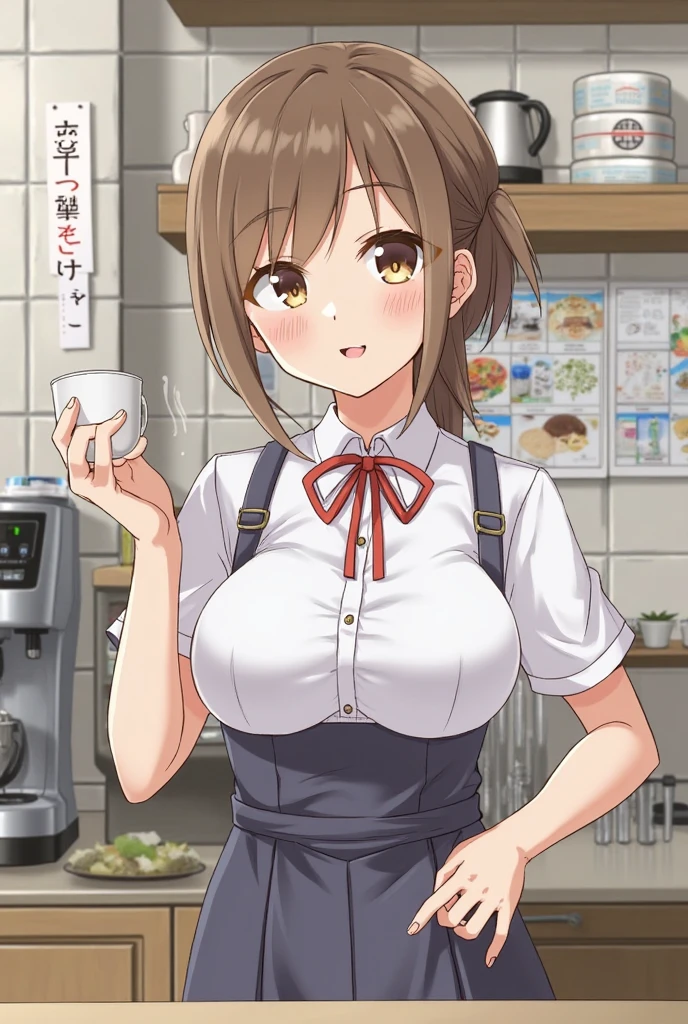 ((masterpiece)), ((best quality)), (ultra-detailed), ((extremely detailed)), 4K, (8K), best quality,, ((((perfect anatomy)))), five fingers, ((((beautiful detailed eyes)))), (((world-class quality))), photorealistic, extremely detailed, high resolution, (detailed shaded pretty face), (((house wife))), solo, (((sagging breasts))), ((glowing detailed skin and hair)), white-skinned, (((glistening skin))), , (baby face), black hair, happy smile, huge ass,, potbelly, KRU ,blue bow, blue bowtie, white shirt, short sleeves, blue skirt, blue apron, gingham apron, employee uniform, high-waist skirt, ((half updo))