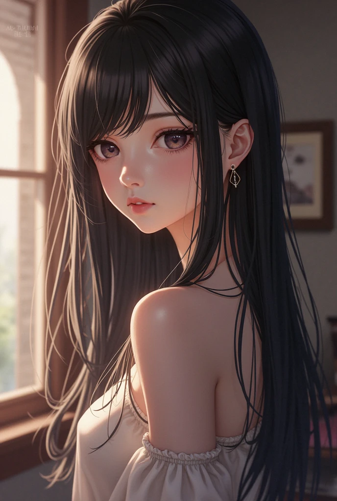 ((masterpiece, best quality, ultra-detailed, high resolution, extremely detailed CG, super detailed, Most beautiful clean lighting)), 1girl, small build, 10 years old, cute girl, pretty face, smile, white skin, Beautiful black long hair, black eyes, kawaii, slender, small build, small breasts, nsfw, topless, 