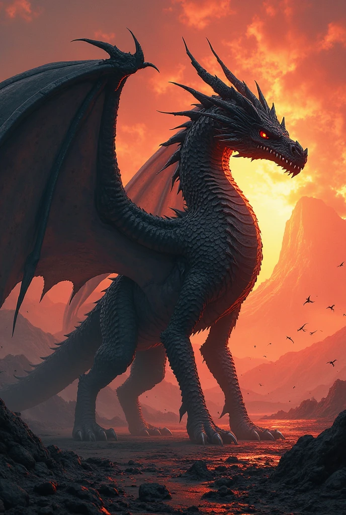 Black Dragon in hell landscape, large wings, black clouds, fire earth