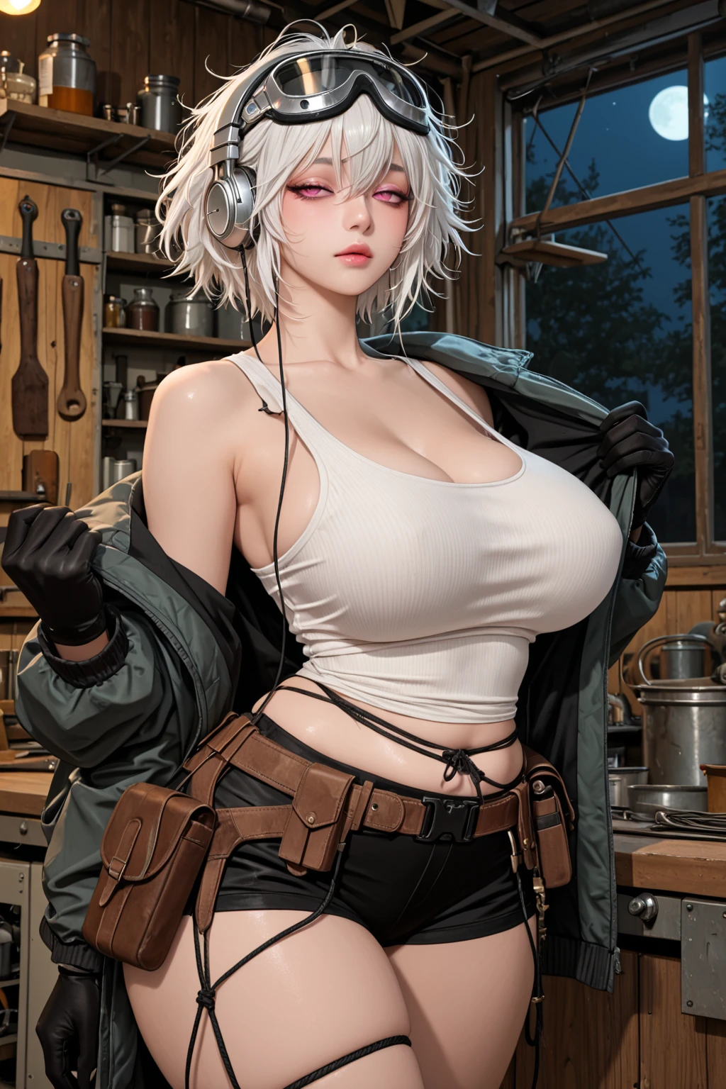 best quality, 8k, woman, beautiful, big eyelashes, looking to observer, cleavage,gray camouflage vest over shyne bodystocking, black belt, holding one beer glass