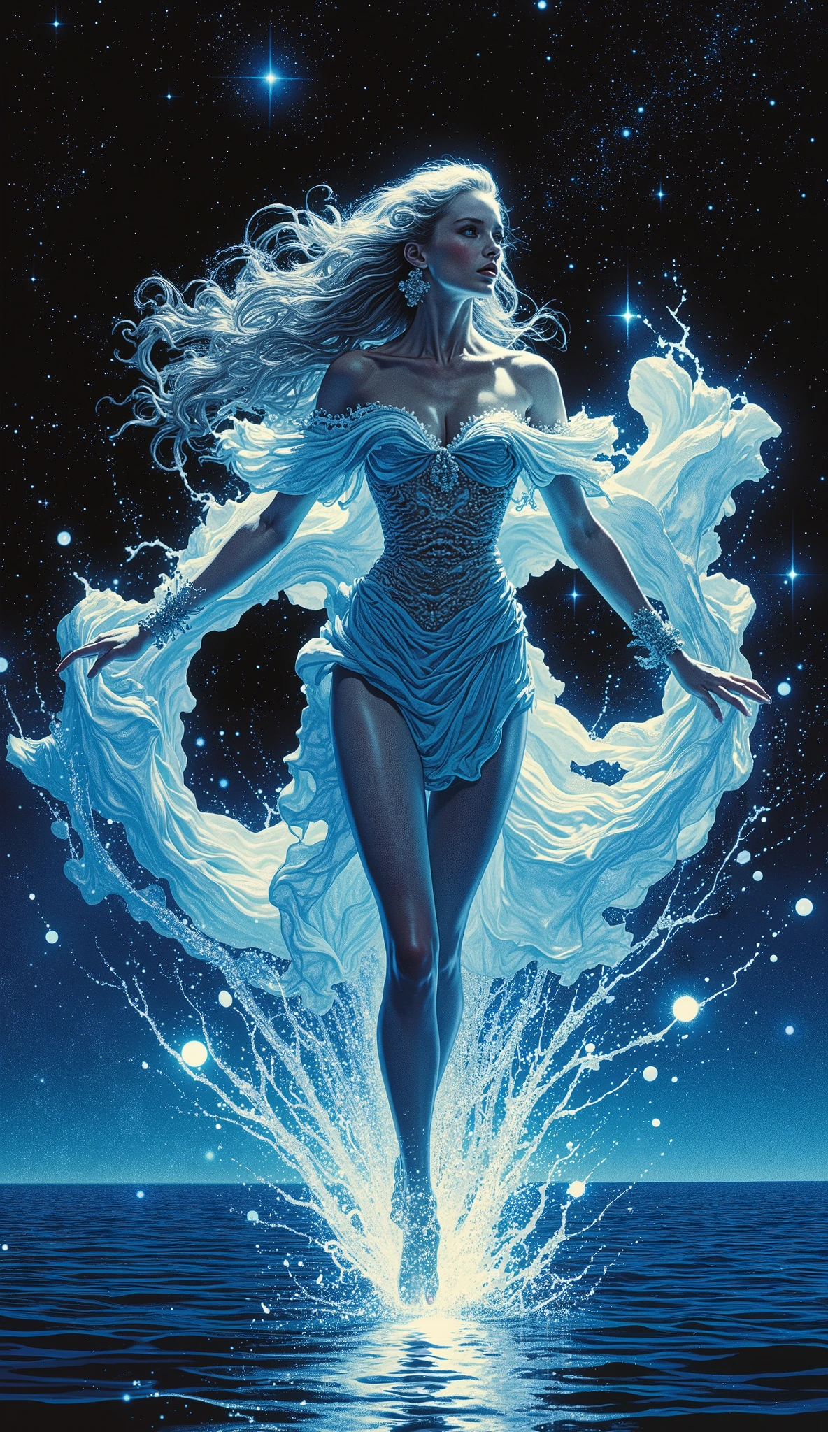 (Masterpiece, 8K resolution, photorealistic), an epic cinematic movie still from a fantasy film directed by Christopher Nolan. A breathtakingly beautiful water goddess with a svelte, athletic physique is captured in a gravity-defying leap, performing a dynamic dance on the obsidian-black surface of a tranquil sea under a vast, nebula-filled night sky.
Her long, voluminous hair, the color of the deep ocean, is interwoven with strands of bioluminescent light, billowing around her like captured tidal waves. She has exquisitely sculpted facial features, a melancholic yet serene expression, and luminous, crystal-clear eyes. Her flawless skin has the iridescent sheen of polished pearl.
She is adorned in a magnificent, fantasy couture islander costume: a form-fitting off-the-shoulder bustier woven from sea-silk and embroidered with mother-of-pearl, highlighting her toned waistline. Ethereal, gossamer sleeves drift from her arms like mist. Her short skirt is a cascade of translucent, wave-like ripples of organza that mimics seafoam, while a liquid-like hem of starlight trails from her waist, dissolving into the water. On her feet are elegant shoes that appear sculpted from pure crystal.
The composition is creative and innovative, using a dramatic chiaroscuro lighting scheme. Glistening, hyper-detailed splashes of crystalline water are frozen in mid-air around her, each droplet acting as a tiny prism that catches and refracts the cosmic light from the sky above. Anamorphic lens flare adds to the magical, cinematic atmosphere. The image is hyper-detailed, with a tack-sharp focus, perfect anatomy, and perfect hands with five fingers, resulting in a professional, high-quality, and award-winning photograph.