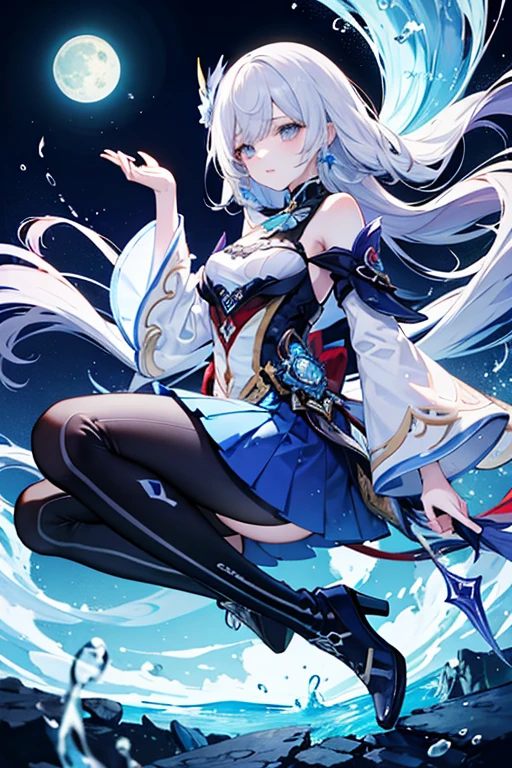 (Overhead view),dynamic angle,ultra-detailed, illustration, close-up, straight on, 1girl, (fantasy:1.4), (azure blue eyes:1.233),Her eyes shone like dreamy stars,(glowing eyes:1.233),(beautiful and detailed eyes:1.1),(Silver hair:1.14),(messy hair,very long hair,french braid,hair between eyes,sidelocks), (+(bule hair flower:1.14)),(chiffon dress,bule flower pattern in uniform)/=(military uniform:1.24),(detached sleeves,wide sleeves),(fingerless gloves),choker,(miko thighhighs),High heeled boots,(expressionless,closed mouth),(standing), (classical Princess boudoir with dressing tableand french windowin a white ancient palaces),(white flowers,bloom),(abysmal sea),(flowing water),(a dull blue world tree:1.14),(ruins),(night:1.2),dreamy,soul,(fluorescence),(flying translucent blue butterflies:1.15), [[delicate fingers and hands:0.55]::0.85],(detail fingers),(yubao:0.5),