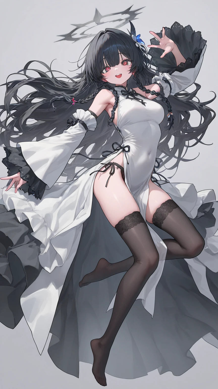 1 girl , long black hair, Red eyes, white wedding dress , big breasts, clear skin, happy face