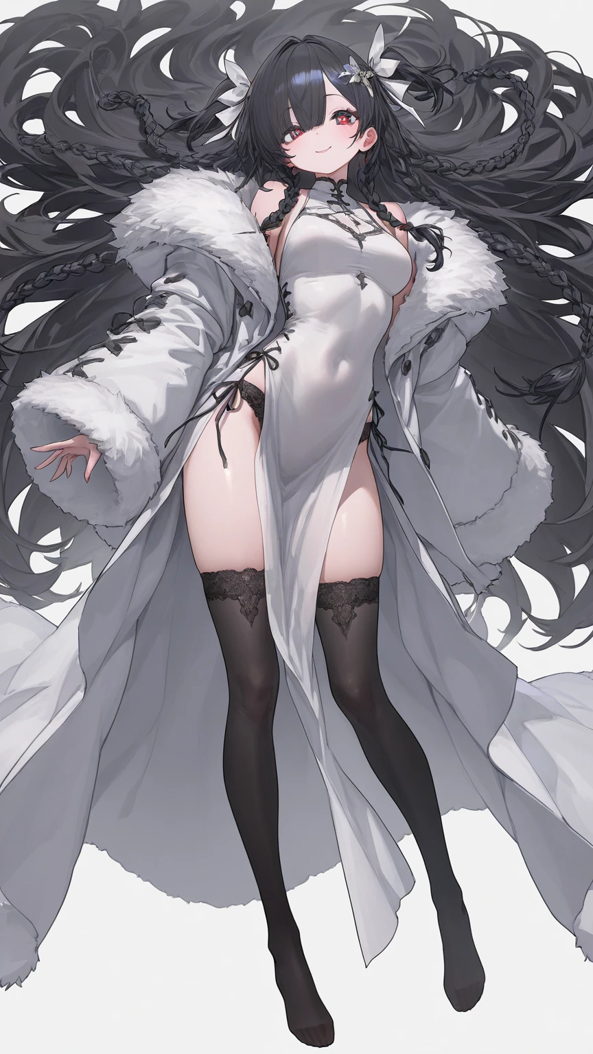 Pirotess dark elf. 1girl, white silver long hair, tellow eyes, white dress, black stockings, white high heels, jewelry necklace, fur coat, portrait