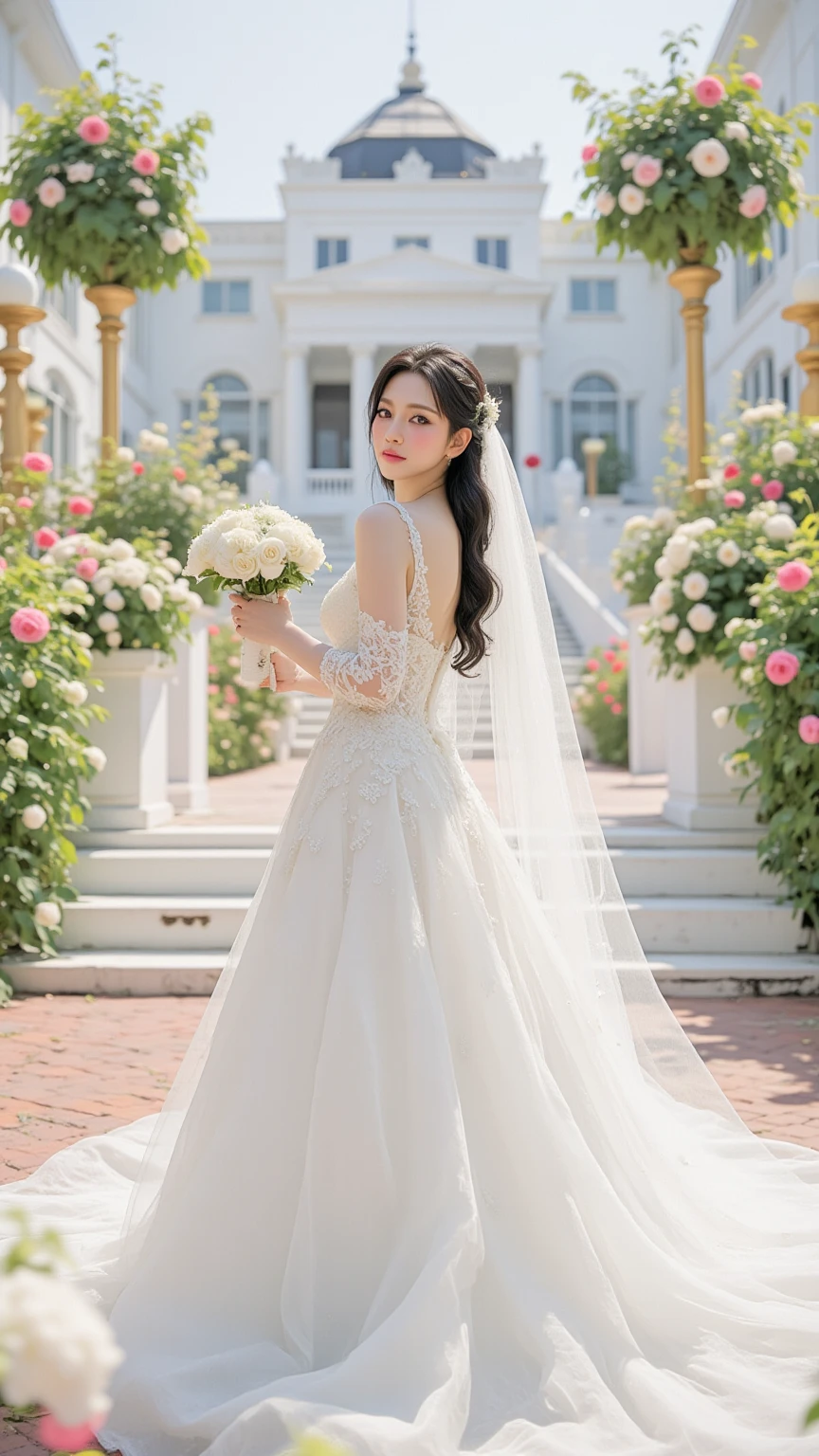 Best quality at best,Original,tmasterpiece,超高分辨率,Sweet girl,Draped with hair,Necklace necklace,wedding gown,Flowers in hand,medium boob,lawns,healed