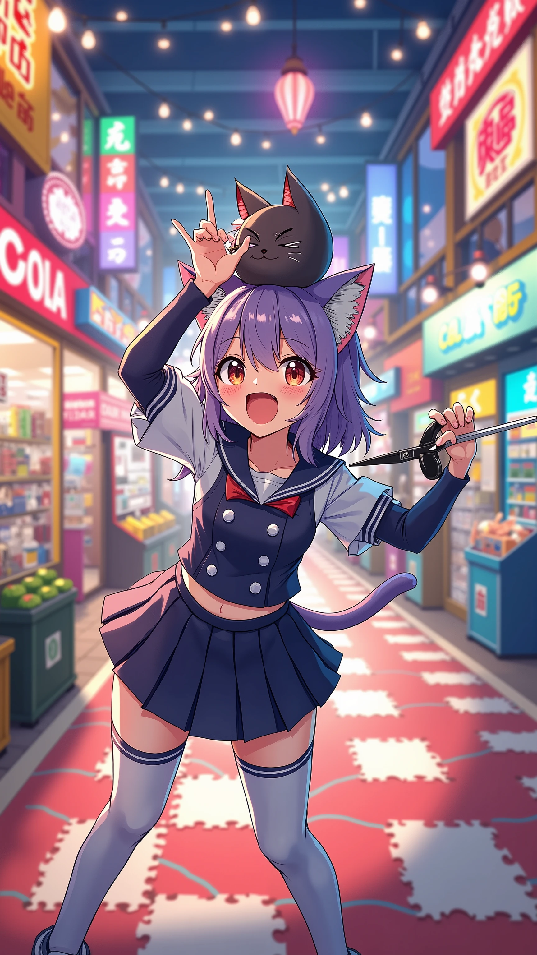 highdefinition image、Cat girl、A Colourful Shopping Mall with an Arcade、ハサミを持つCat girl、while laughing Cut Niko-chan the Great's Head